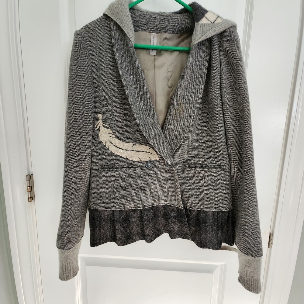Upcycled hooded wool jacket, Grey. Size Med